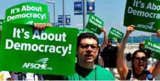 Union members with signs